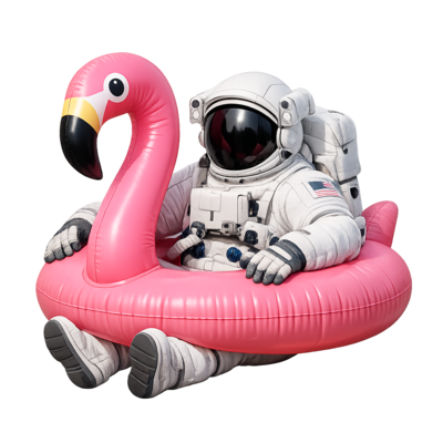 Astronauta de backlinks sentado em uma boia de Flamingo